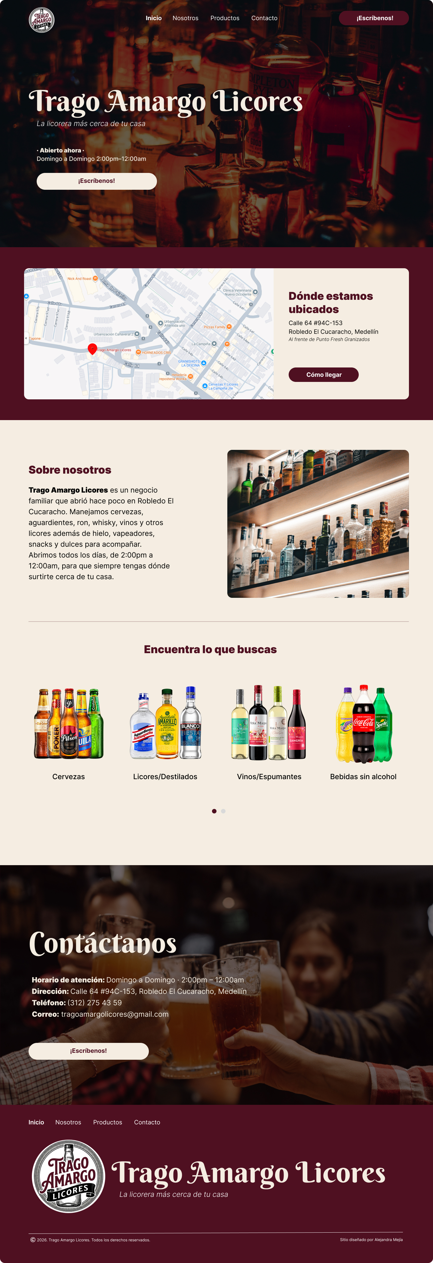 Frame de alta fidelidad de la landing de Trago Amargo en desktop